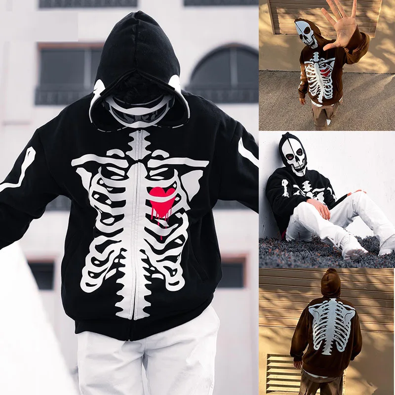 

2022 European American Halloween Skull Human Skeleton Print Men's Long Sleeve Hooded Sweatshirt large size men's hoodie jacket