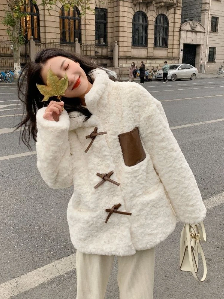 

Women Coat Winter 2022 Bow Loose Lamb Fur Jackets Preppy Style Autumn and Winter Students Keep Warm Lovely Furry Fluffy Jacket