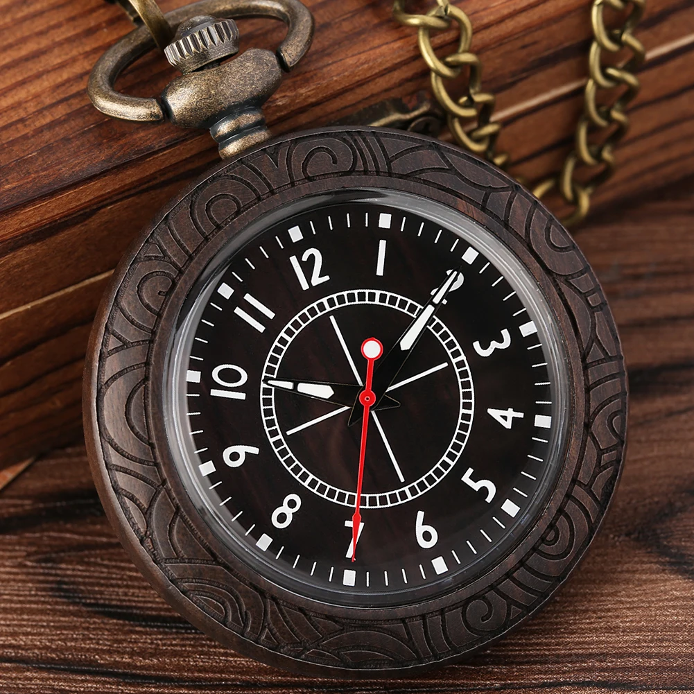 Pocket Watch for Men Luxury Ebony Wood Quartz Pocket Watch Pendant Transparent Arabic Numerals Dial Gift for Women Relógio