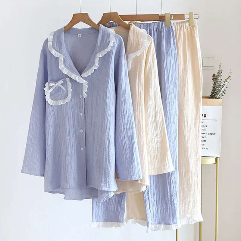 

Spring Autumn Pajamas Women's Cotton Gauze Cardigan Sleepwear Suit Japanese Sweet Solid Color Home Clothes New Two Piece Set