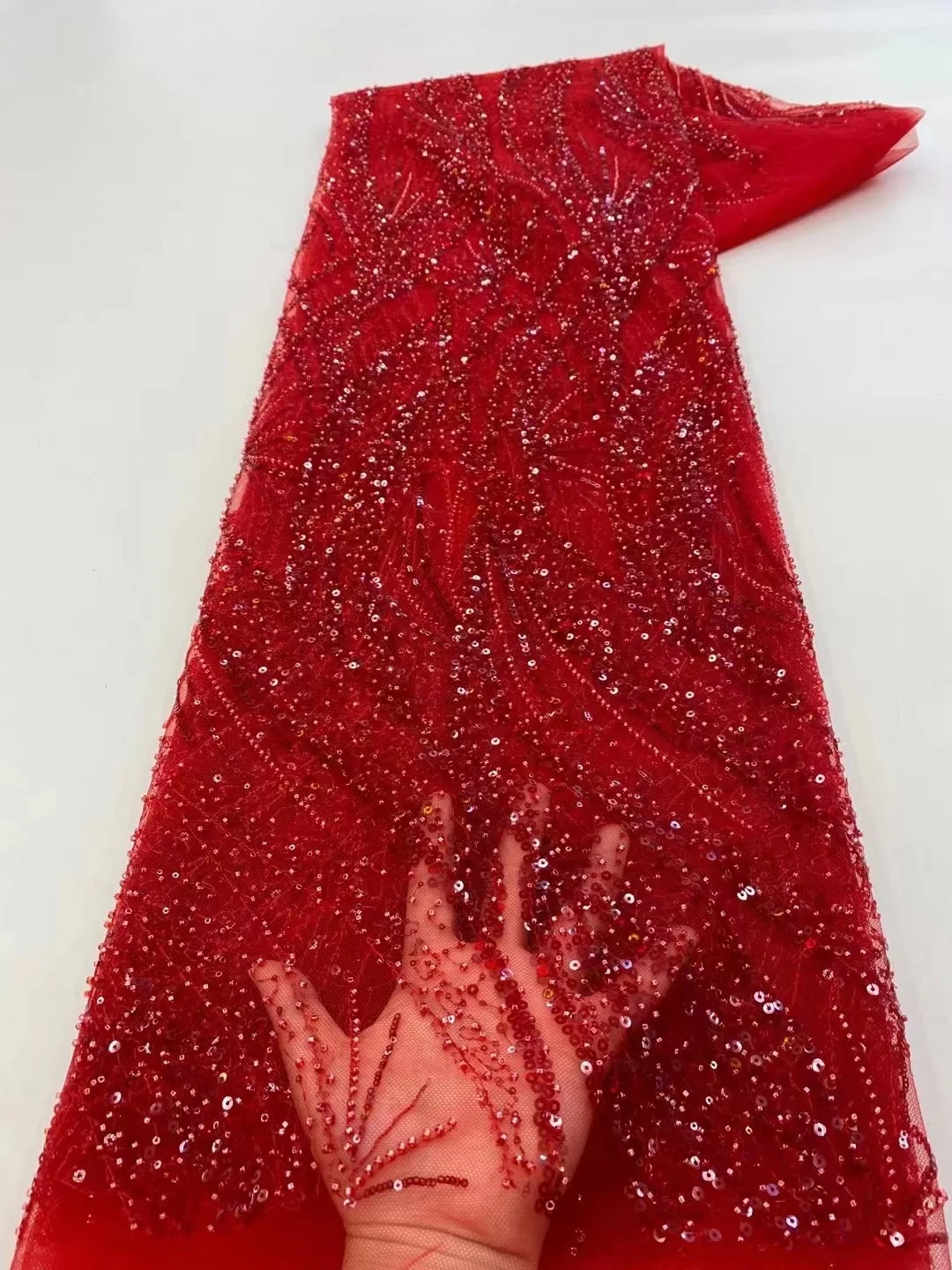 

red High Quality Lace Fabric leafs Bead Tube Sequins Embroidery Designer Sewing Wedding Dresses Skirt Clothes 5 Yards