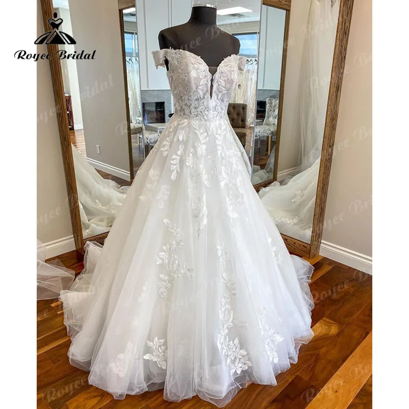 

Luxury Lace Appliques V Neck Wedding Dress Off the Shoulder 2023 A Line Women Boho Robe De Mariage Bride Gowns Custom Made
