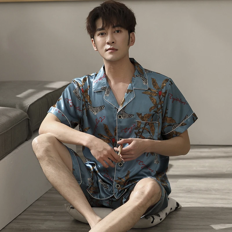 Летняя Пижама для мужчин одежда сна атласная шелковая мужская ночная рубашка с
