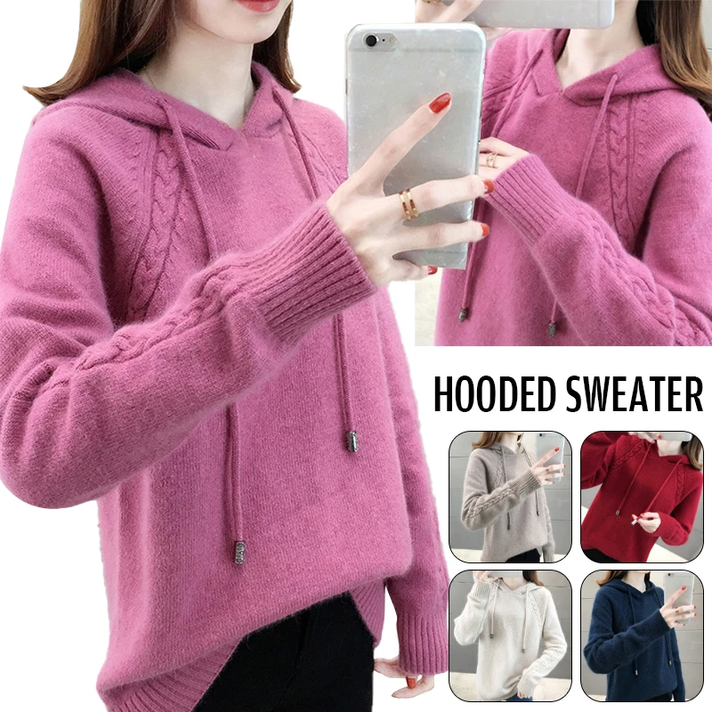 

Women Casual Burgundy Knitting Hooded Pocket Long Sleeve Fashion Comfortable Pullover Loose Sweatshirt