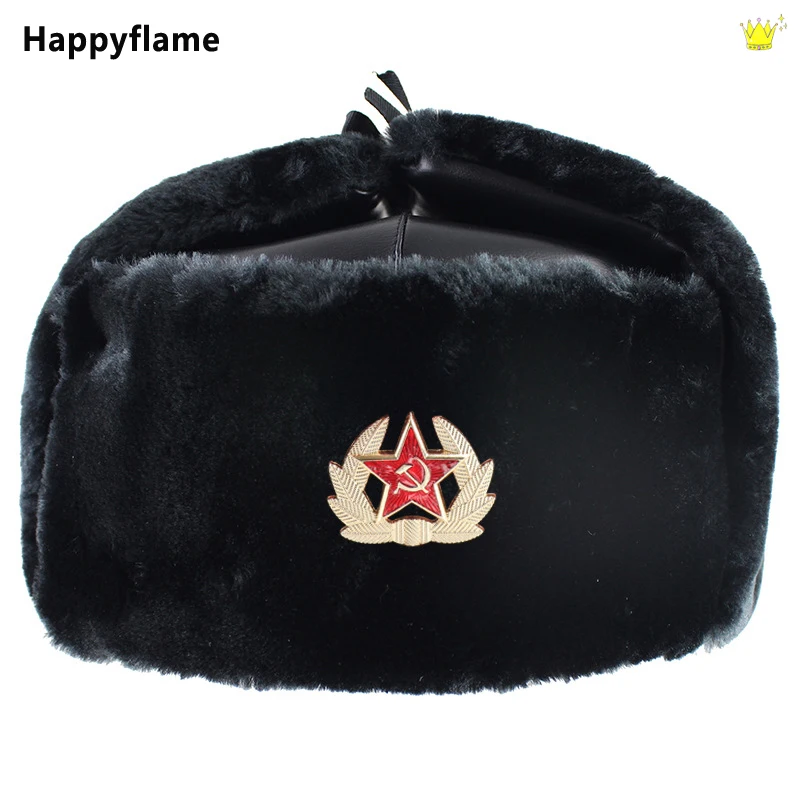 

Soviet Badge Lei Feng Hat Windproof and Waterproof Winter Ear Flap Caps Thickened Russian Warm Hat Cold Anti Military Hat Unisex