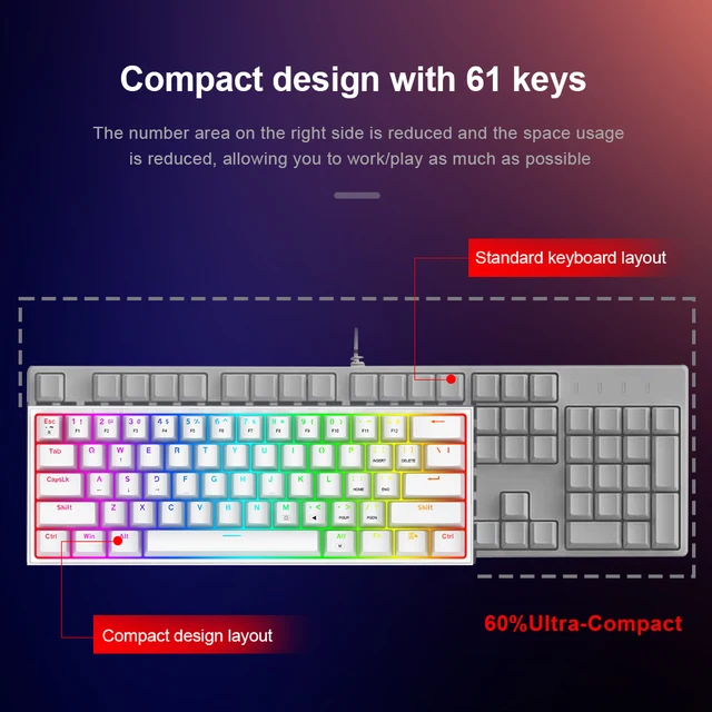 REDRAGON Fizz K617 RGB USB Mini Mechanical Gaming Wired Keyboard Red Switch 61 Key Gamer for Computer PC Laptop detachable cable 4