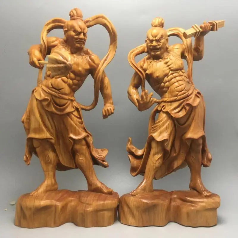 

1Pairs 20cm Door God Wood Buddha Statue Chinese Heng Ha Two God Boxwood Feng Shui Wood Sculpture Home Decor