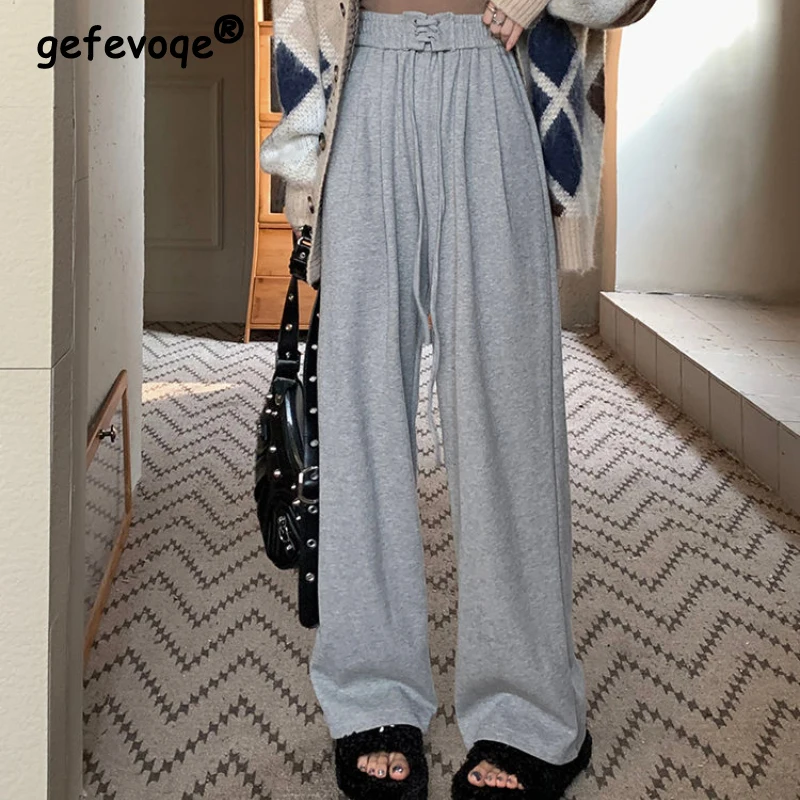 Korean Women 2022 Autumn Winter Thicken Warm Wide Leg Pant Casual Loose Sports Trousers Fashion Soft Comfortable High Waist Pant