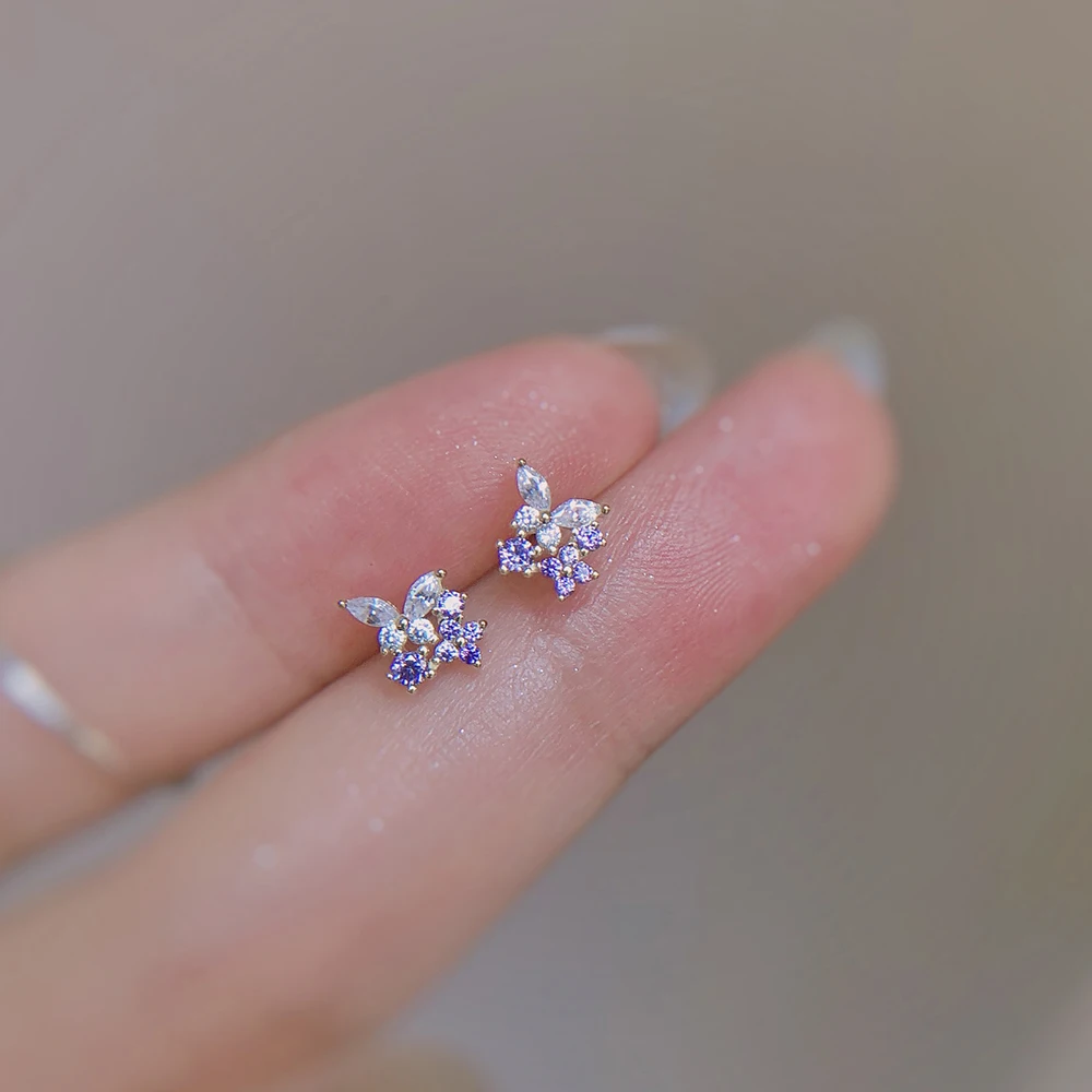 

WPB S925 Sterling Silver Earrings Women Butterfly Between Flowers Earrings Purple Diamonds Sparkling Jewelry For Women Girls'