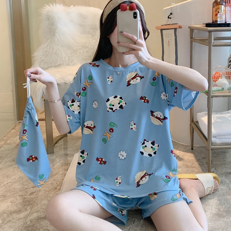 

Женский комплект из 3 предметов, молодежная Пижама, тонкий короткий топ, комплект, милая синяя корова, школьные пижамные комплекты для девоч...