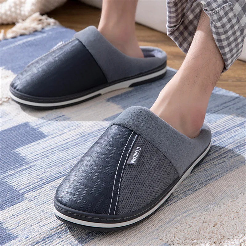 Top quality man's waterproof leather slippers indoor flat short plush shoes anti-slip plus size 49 50 51 dad bedroom slipper