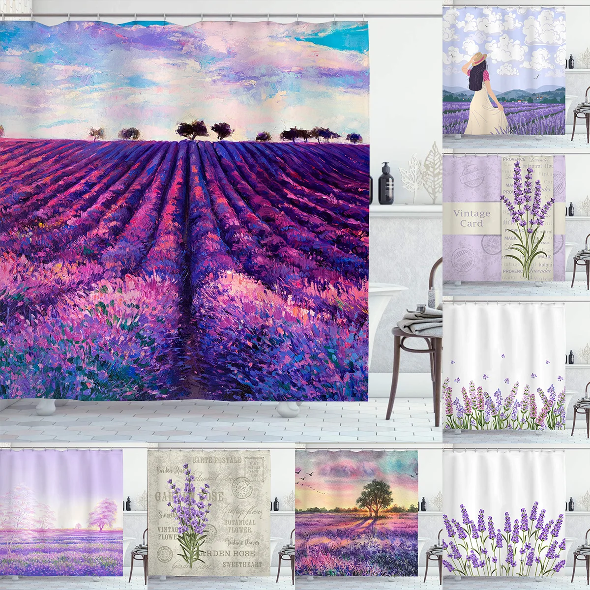 

Lavender shower curtain with hooks waterproof polyester fabric purple flowers plant shower bathtub art home decor