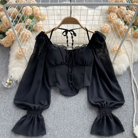 Женская блузка с длинным рукавом, с лямкой на шее