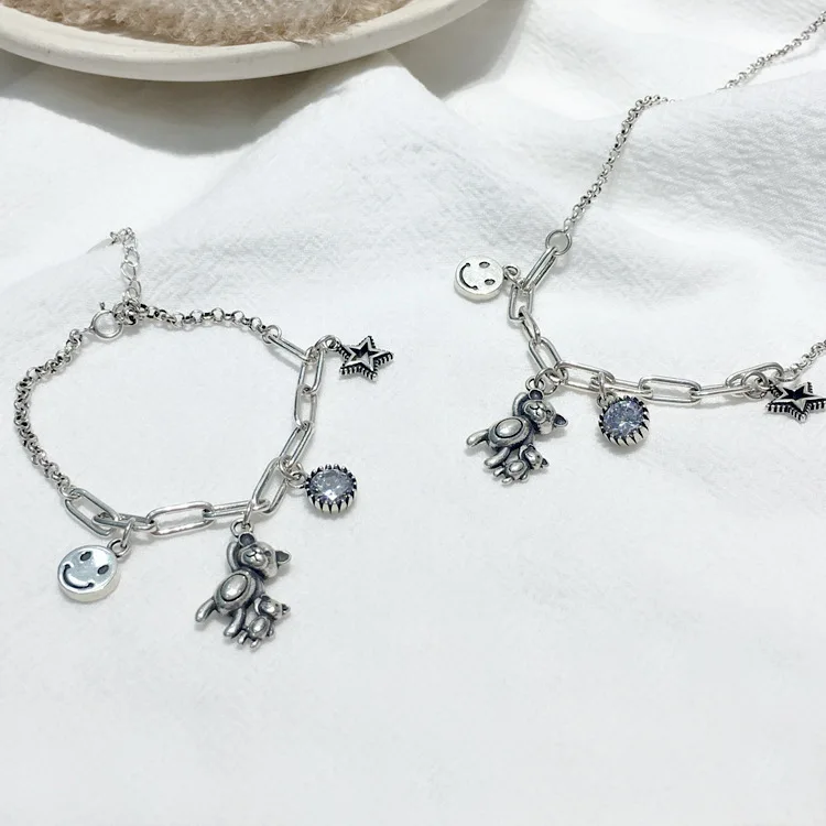 

Fashion retro s925 silver cartoon bear star bracelet or necklace women party holiday gift hip hop jewelry accessories wholesale