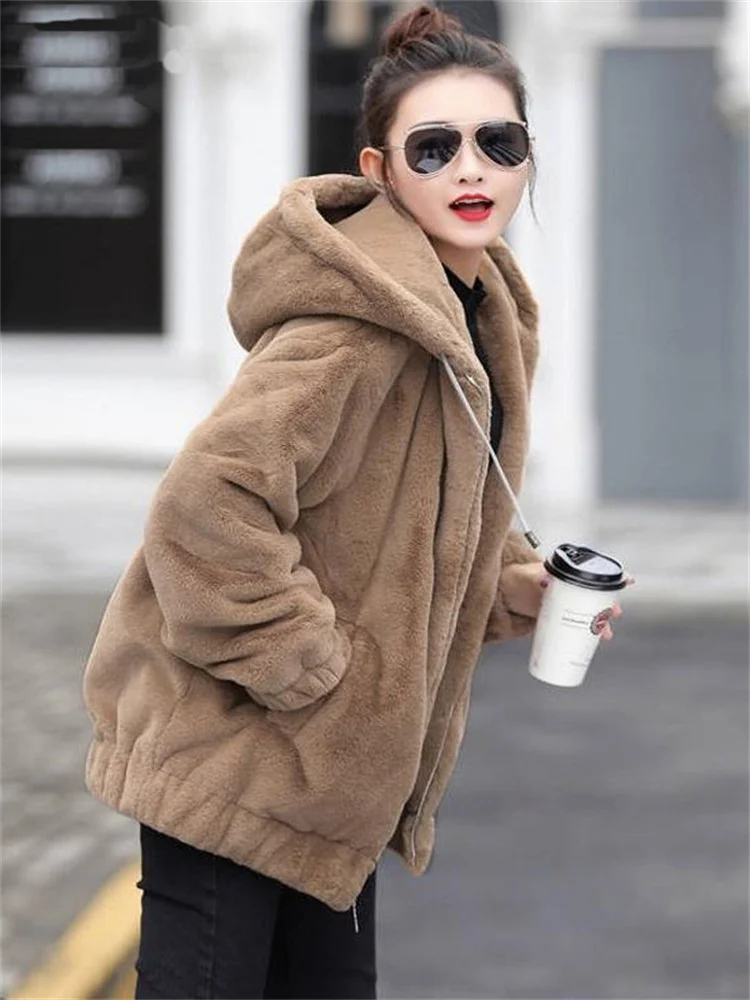 Temperament Slim Plus Velvet Thickened Imitation Rabbit Fur Coat Women 2022 Winter New Hooded Solid Color Plush Long Sleeve Coat