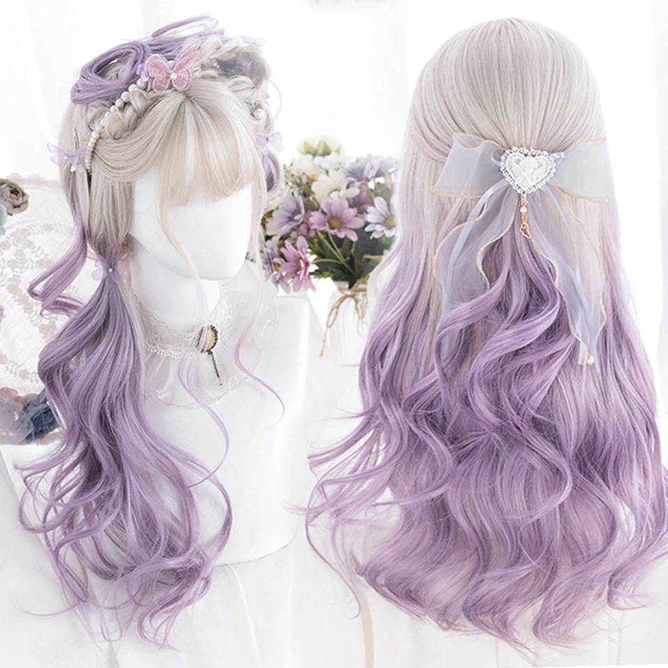 

Длинные волнистые вьющиеся волосы с челкой фиолетовые парики для косплея Лолиты Омбре для женщин черные розовые золотые термостойкие волосы синтетические волосы