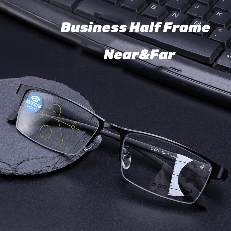 

Anti Blue Light Multifocal Presbyopic Glasses Business Men Half Frame Bifocal Progressive Far Near Reading Eyeglasses Diopter