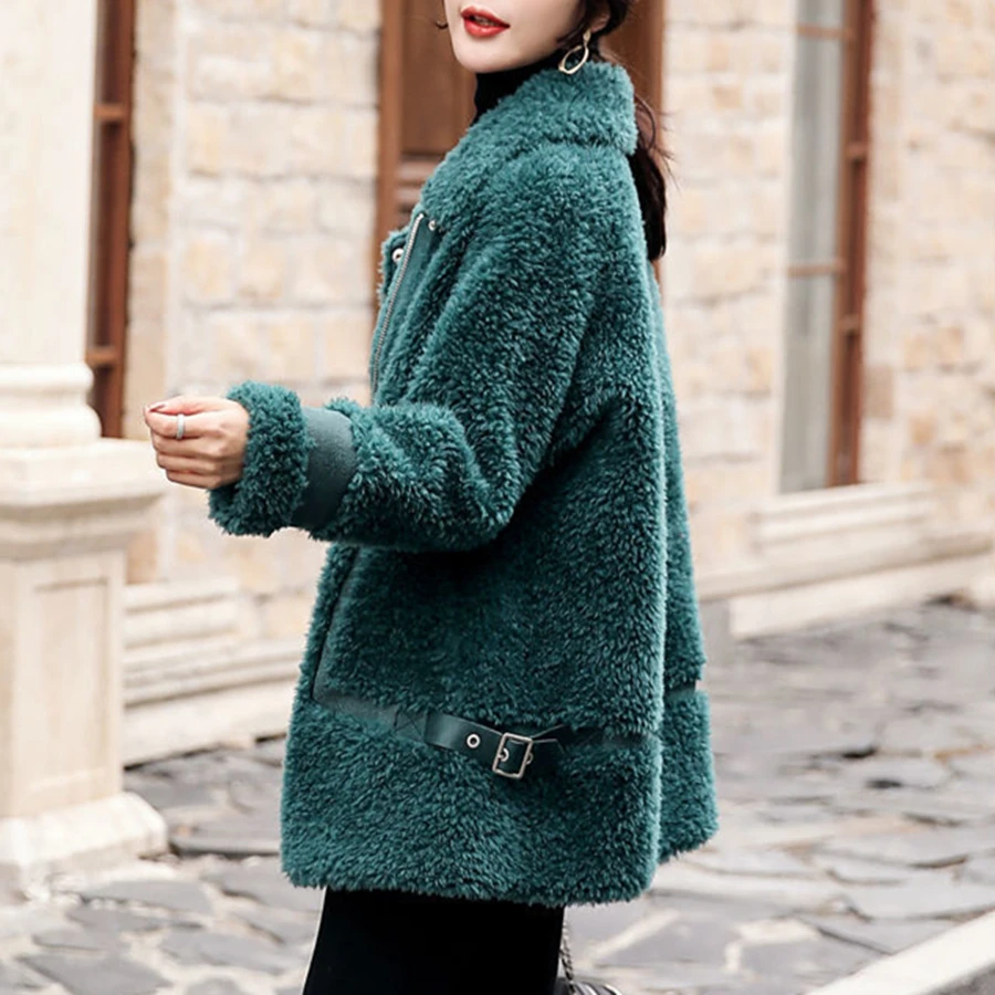 Winter Grain Fleece Faux Lambwool Coat Women Warm Thick Plush Overcoat Mid-length Outwear Top Motorcycle Jackets Casaco Teddy