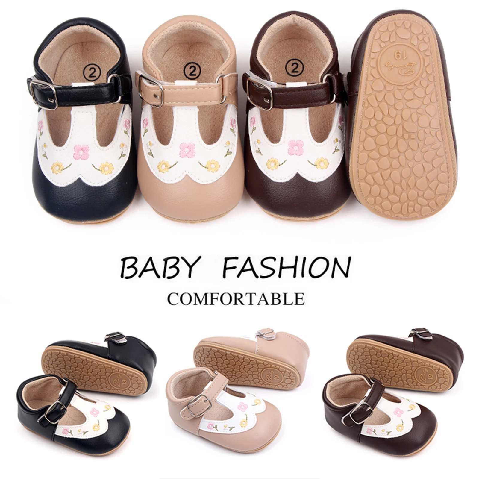 

Newborn Baby Shoes PU Leather Embroidery Flowers Flats First Walkers Non-slip Soft Sole Rubber Toddler Moccasins Footwear