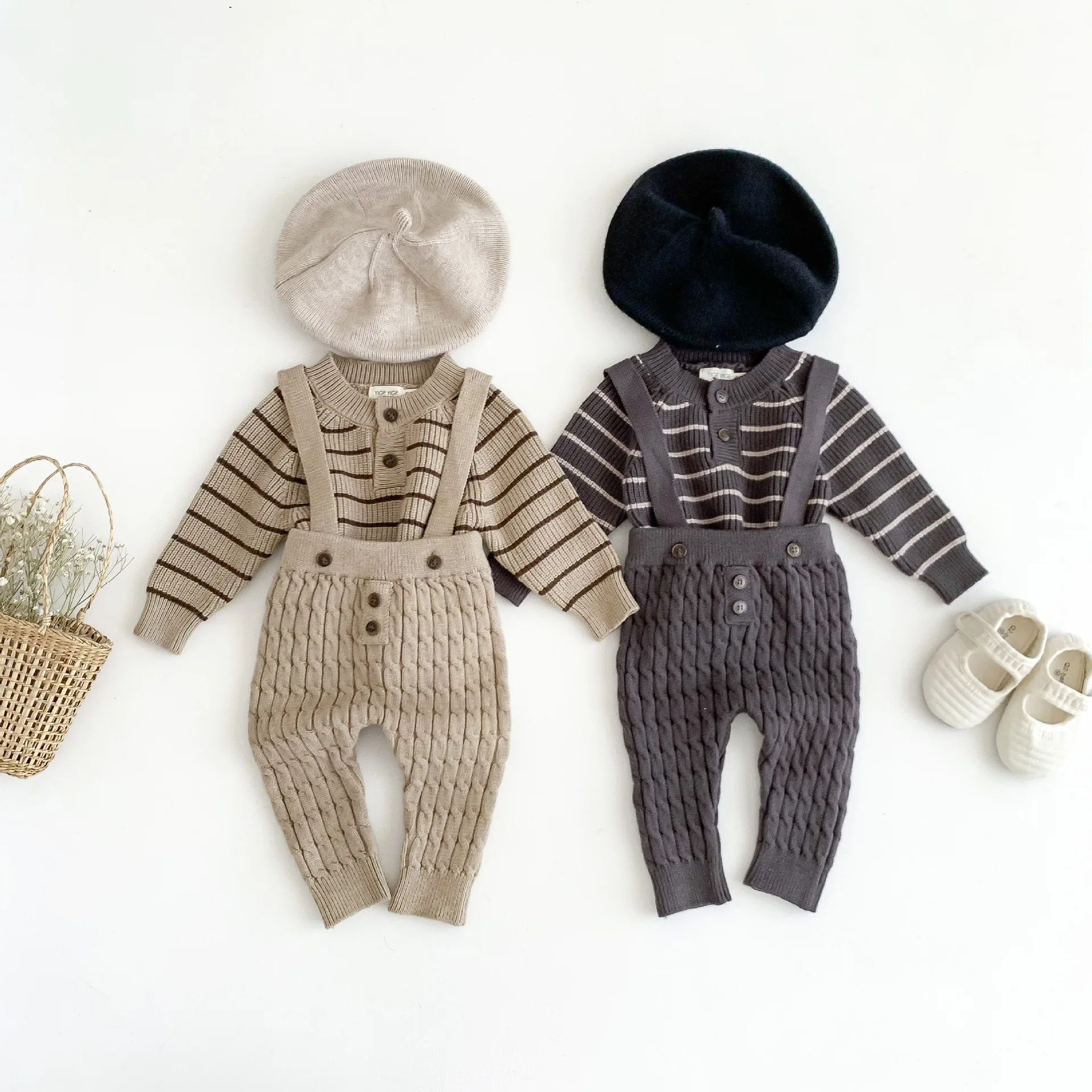 

2023 Autumn Winter New Baby Kintted Sweaters Suit Toddler Kids Girls Knit Overall And Stripe Sweater Infant Boys Clothes Outfit
