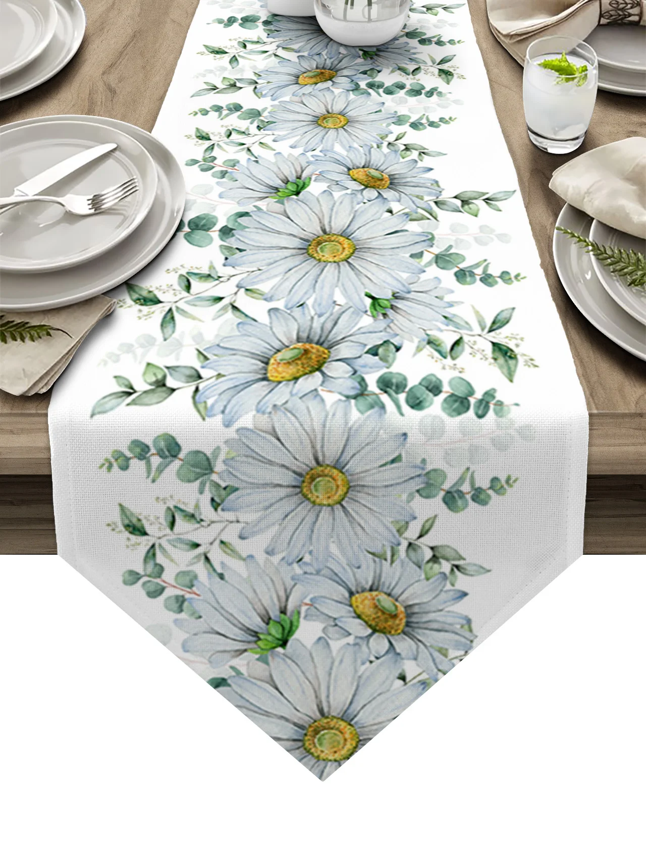 

Eucalyptus Leaves Daisy Flower Plant Table Runner for Dinner Party Wedding Festival Christmas Table Decorations Tablecloth