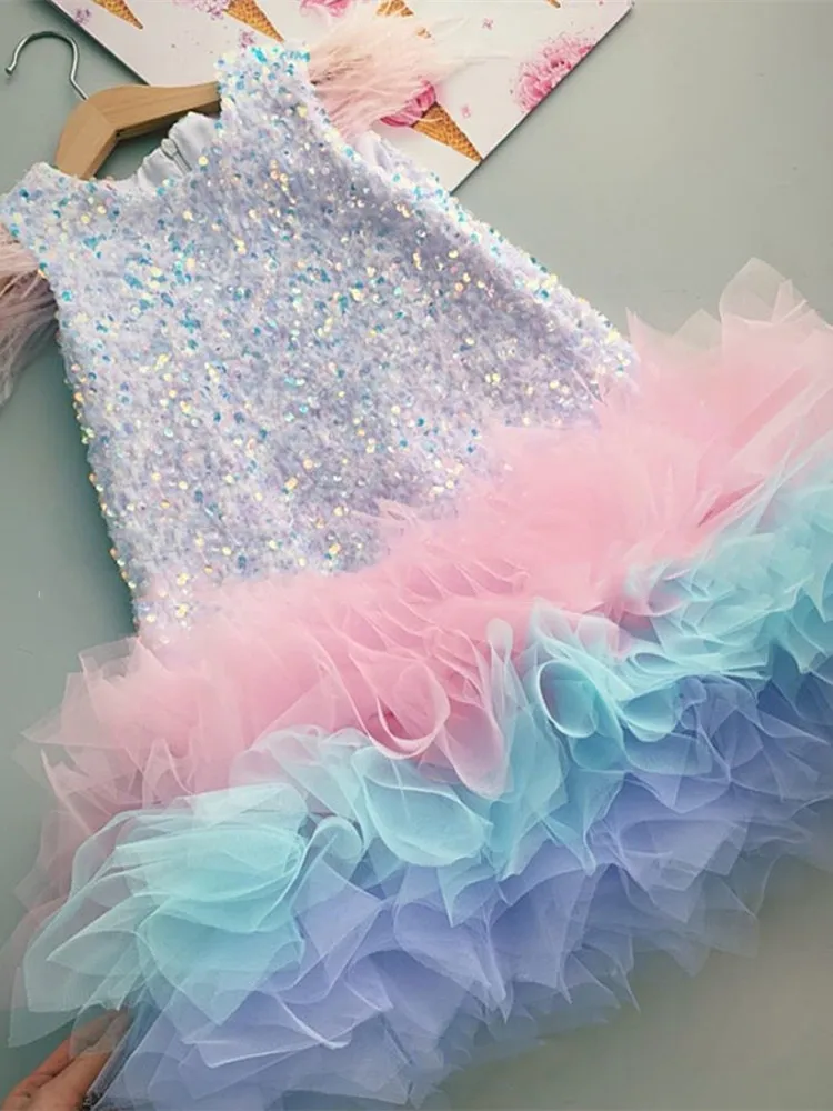 Kids Bridesmaid Pink Dress Girl Wedding Elegant Ball Gowns Teenage Birthday Party Wear Dresses Children Feather Sequins Vestidos