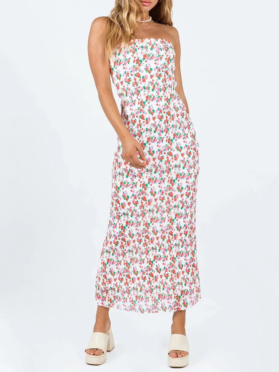 

Women Floral Prints Strapless Long Dress Vintage Off Shoulder Tube Dress Summer Elegant Sleevless Slim Fit Bodycon Party Dresses