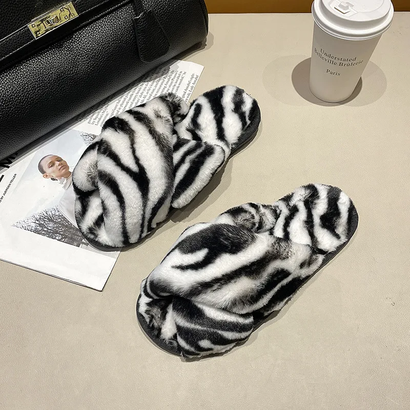 2022 New Fashion Comfortable Indoor Plush Slippers Women Tiger Pattern Women Slippers Outdoor Leisure Warm Cotton Slippers