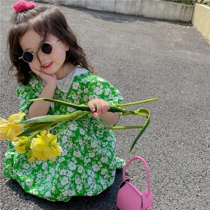 

kids summer clothes baby girls dress casual Lace Lapel Floral Puff Short Sleeve Loose Dress