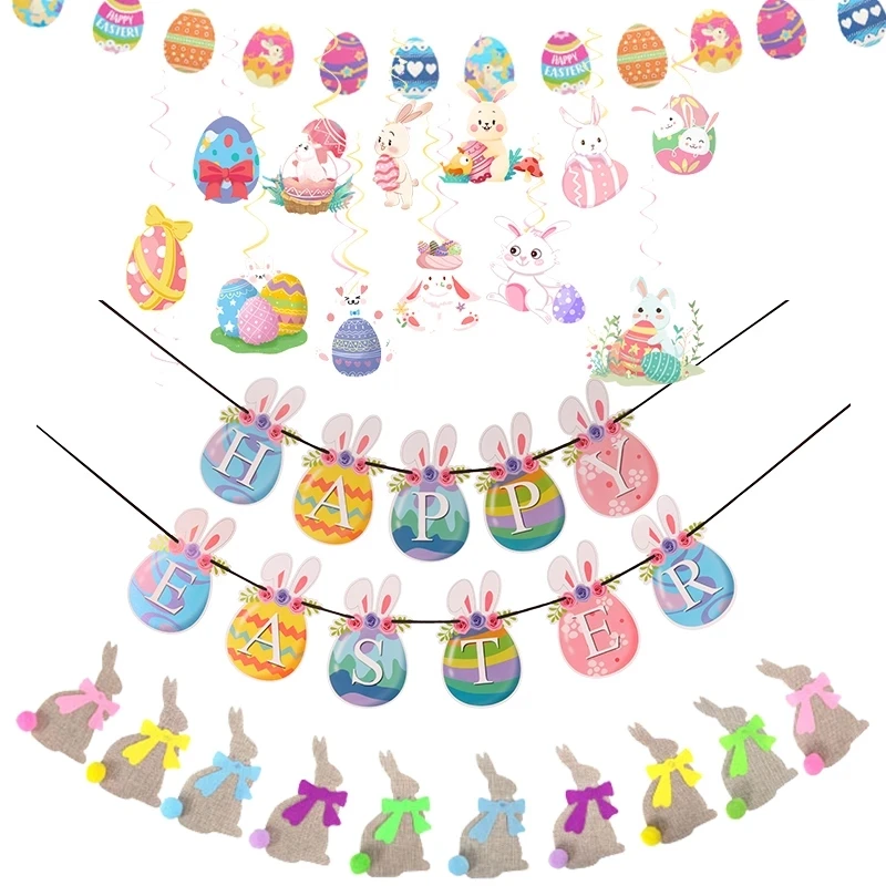 

Happy Easter Rabbit Banner Garland Bunny Egg Easter Backdrop Wall Hanging Bunting Flag Happy Easter Day Decorations For Home Kid