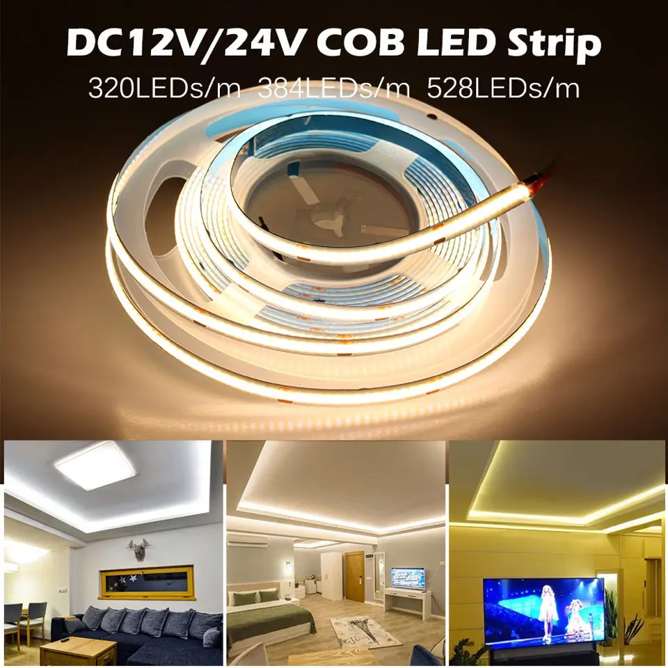 

COB LED Strip Light 252 320 384 528 LEDs High Density COB Flexible LED Lape RA90 Cool White Warm White Nature DC12V 24V 5M/Lot