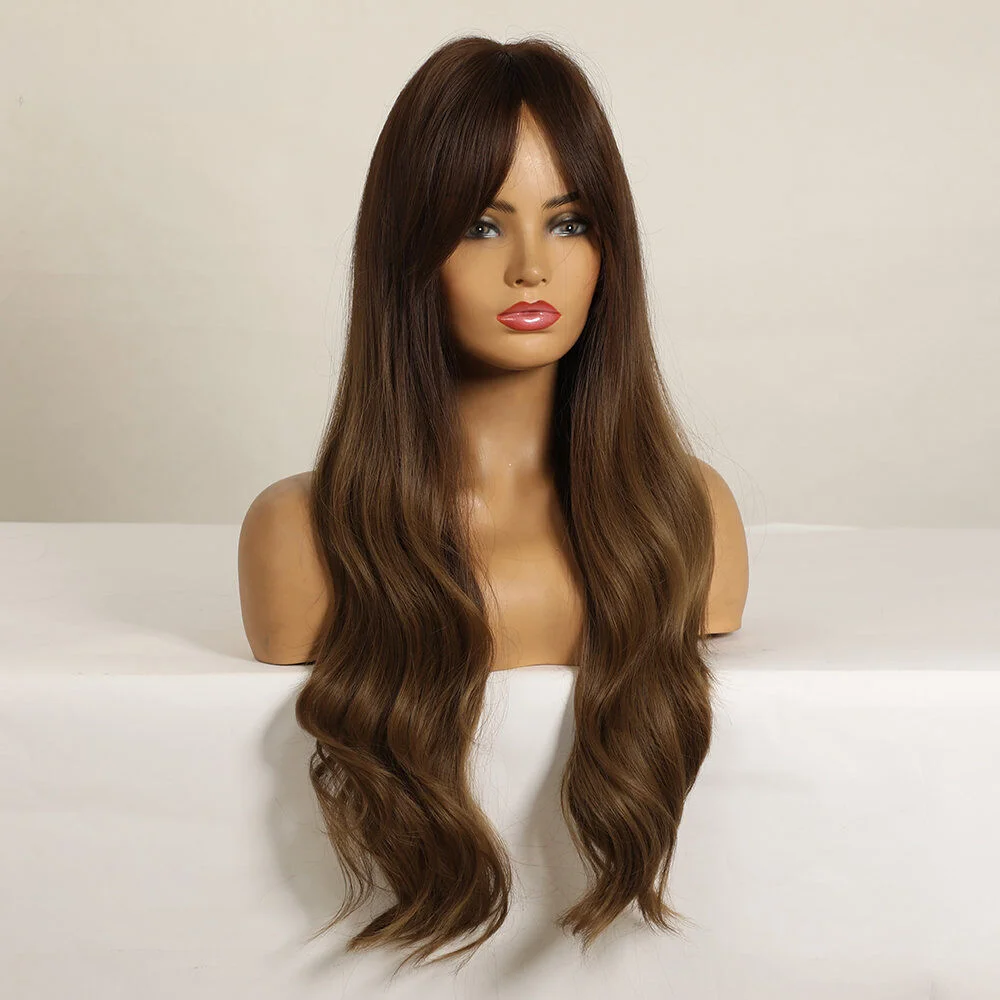 Темно-коричневые волнистые парики с длинной челкой для женщин