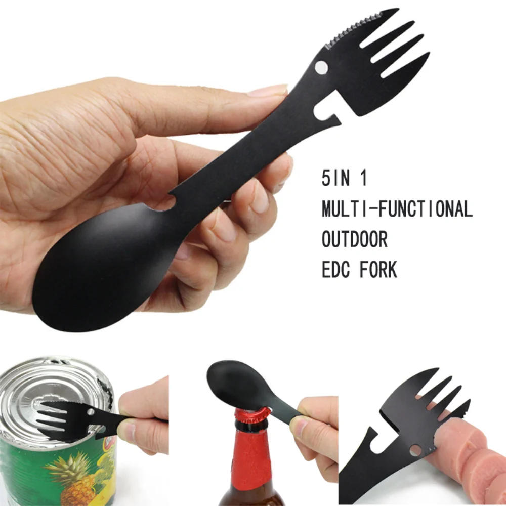 

Outdoor Survival Tools 5 in 1 Camping Multi-functional EDC Kit Practical Fork Knife Spoon Bottle/Can Opener Camping Fork Spoon