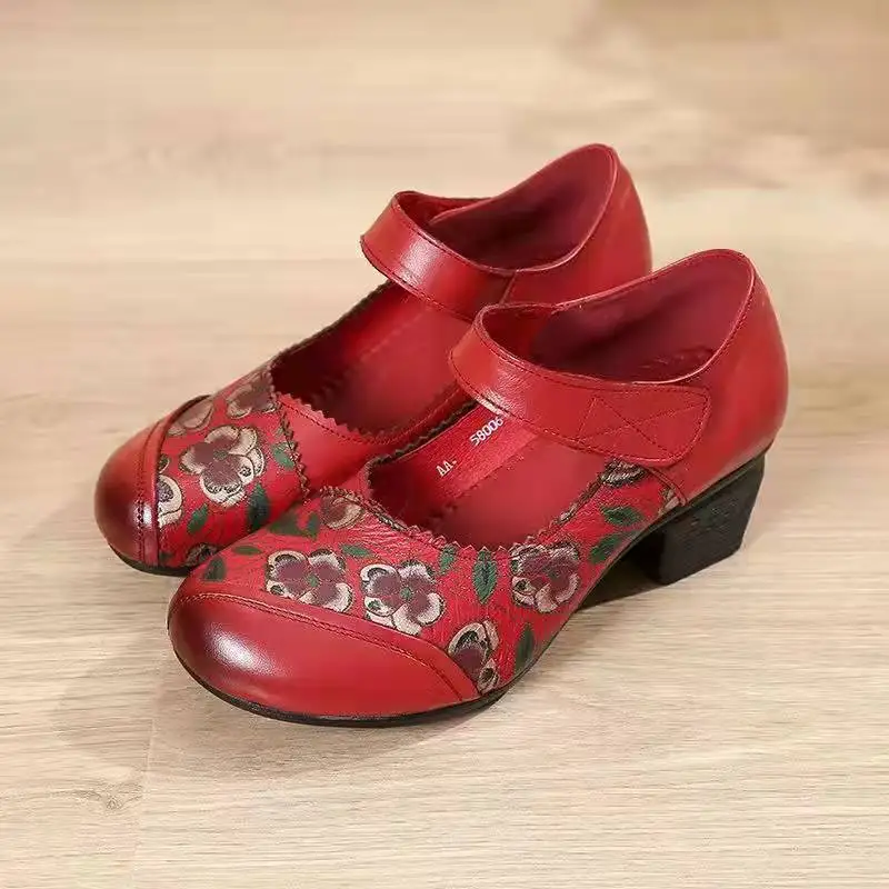 Retro Pumps Shoes For Women Med Block Heels Handmade Mary Janes Shoes 2023 Ladies Vintage True Leather Elegant Pumps Shoes 2023