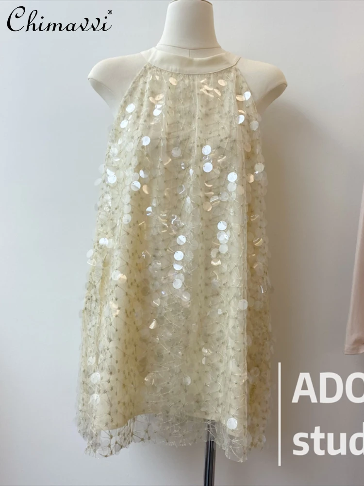 

Sleeveless Round Neck Sequins Halter Dresses for Women 2023 Summer Elegant Slimming Shor Loose Backless A- Line Dress Female
