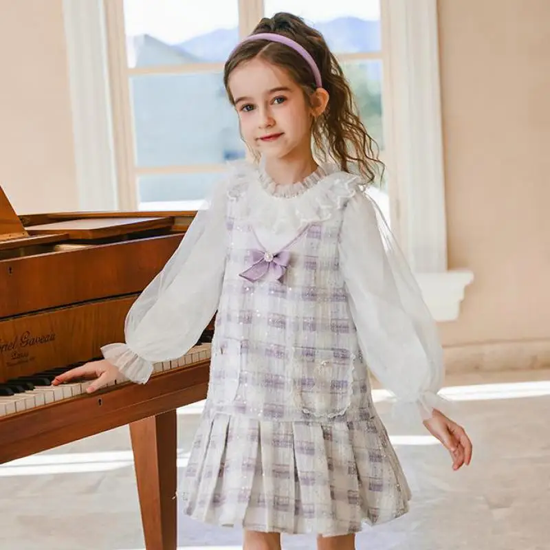

Children Birthday Party Dress 2022 Spring Summer Girls Puff Sleeve Plaid Pleated Hem Gowns Kids Party Clothing 3-12 Years