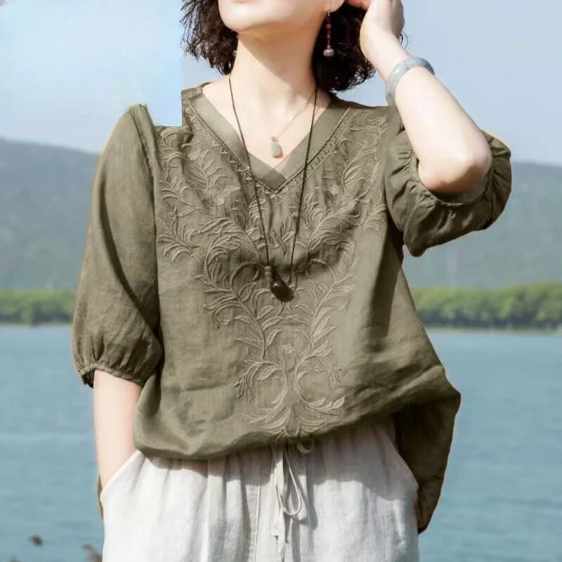 Женская льняная футболка с вышивкой повседневный Свободный Топ коротким рукавом