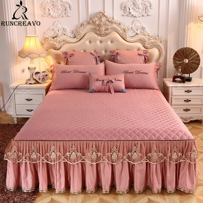 

Korean Lace Tencel King Bedspreads for Bed Quilted Full Queen Bed Cover Ruffles Bedskirt Fitted Sheet Pillowcases 3pcs
