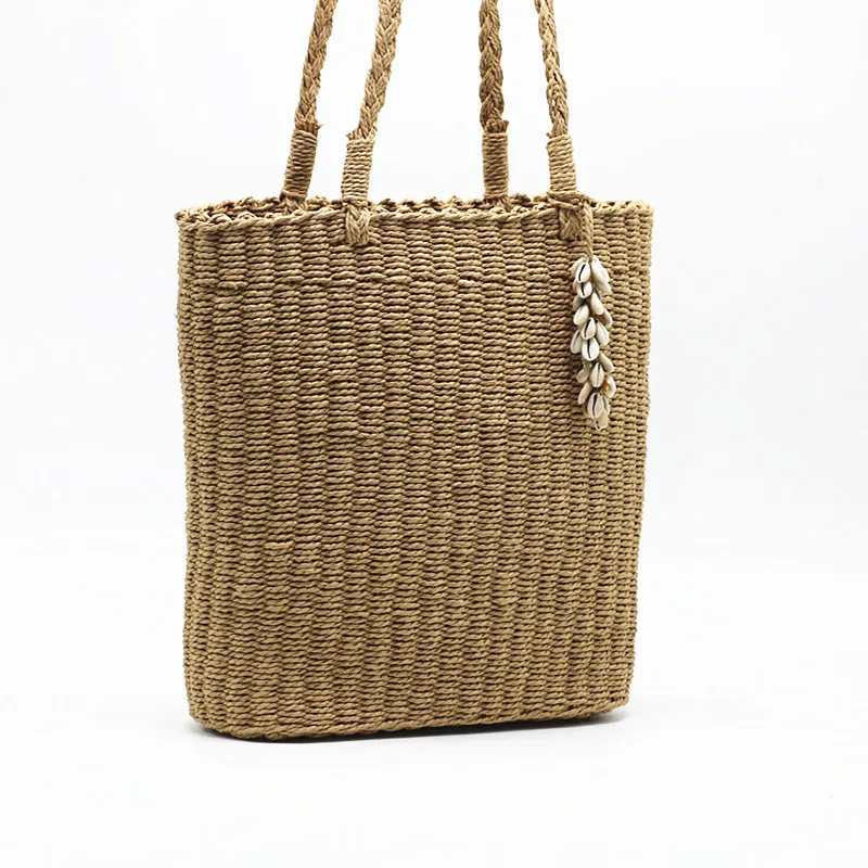 

Shell pendant Square Straw Woven Single Shoulder Woven Bag, Camel Colored Large Handbag