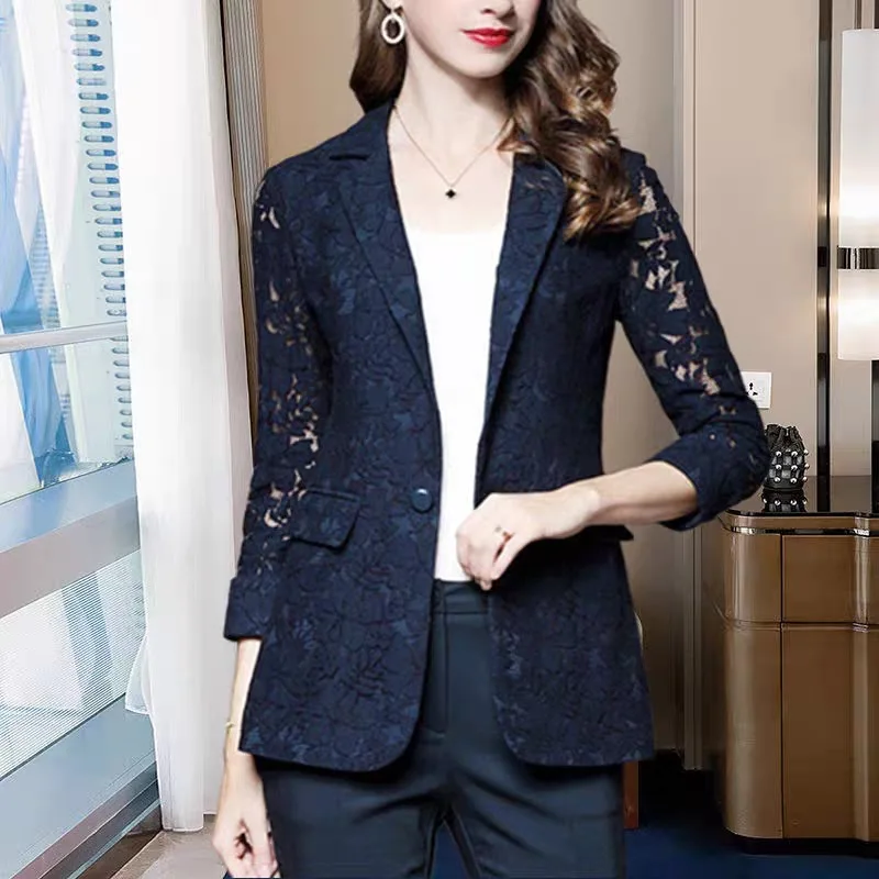 Lace Hollow Out Thin Blazers Women Elegant Single Button Long Sleeve Casual Suits Spring Summer New Fashion Oversized Blazers