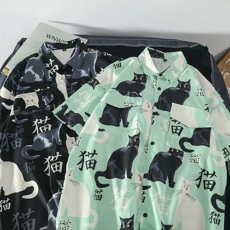 Summer Mens Hawaiian Shirt 3D Animal Black Cat Printed Short Lapel Sleeve Big Size Hawaii Men Beach Floral Shirts