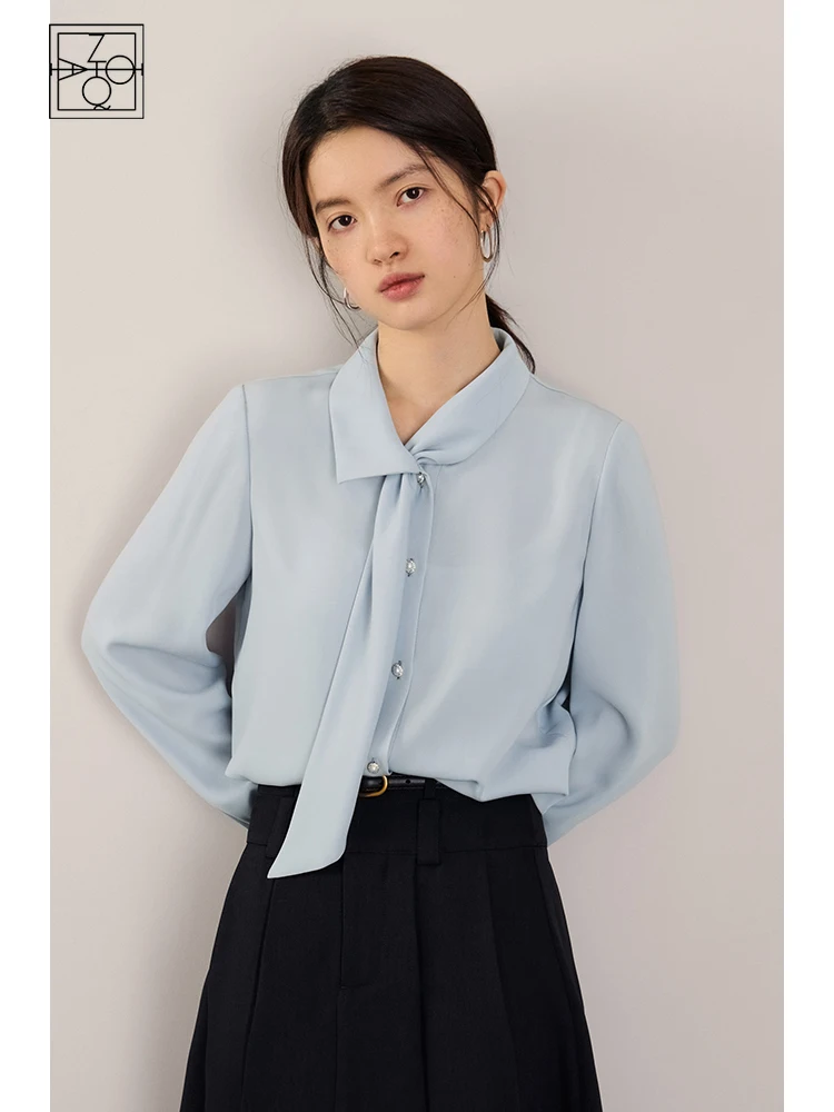 

ZIQIAO High Quality Ribbon White Shirt For Women's 2023 Autumn New Korean Commuting Professional Style Top Blue Women Tops