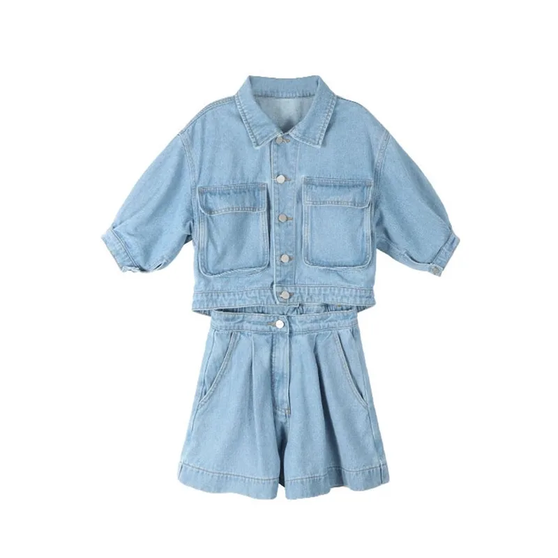Women Two-piece Suit Set 2023 Spring New Style Street Fashion Denim Double Pocket Jacket Coat and Jeans Shorts Sweet Streetwear