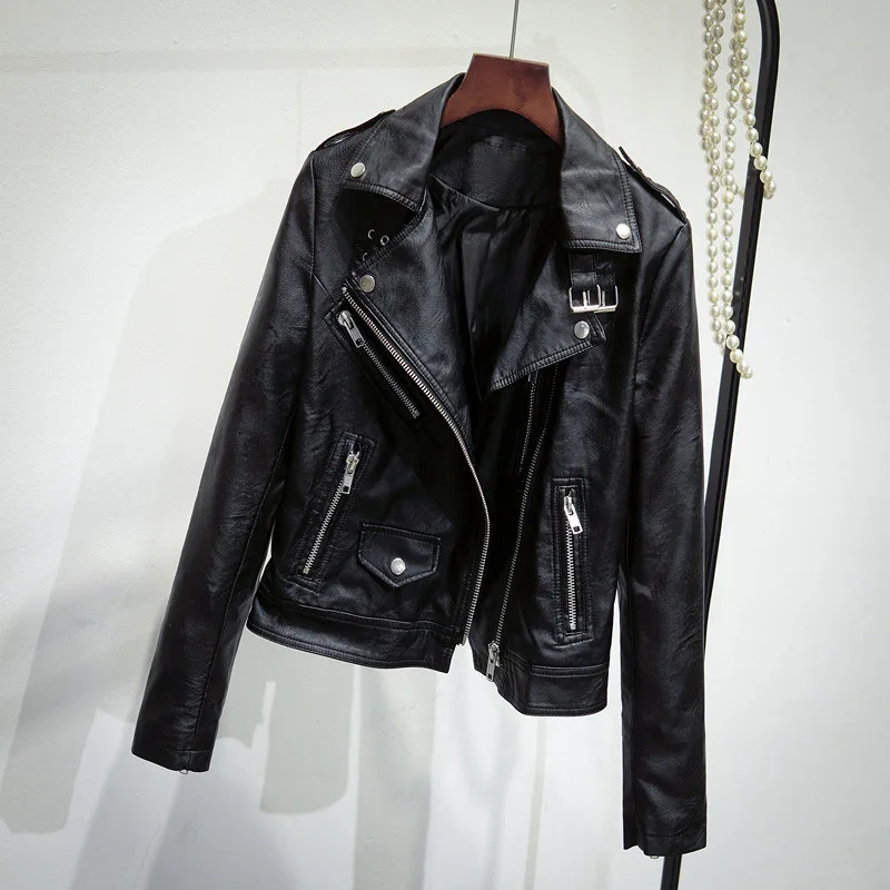 2023 Spring and autumn small leather clothes female short slim-fit coat autumn lapel long sleeve Ke motorcycle suit