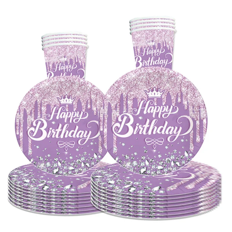 

Одноразовая посуда для дня рождения в виде принцессы с фиолетовыми кристаллами
