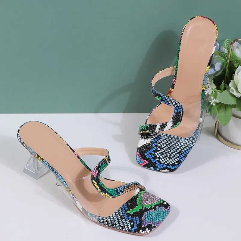 

Shoes Women 2022 Summer New Women Slippers Pumps Sexy Snake Print Slippers Thin High Heels Square Toe Party Women Sandals