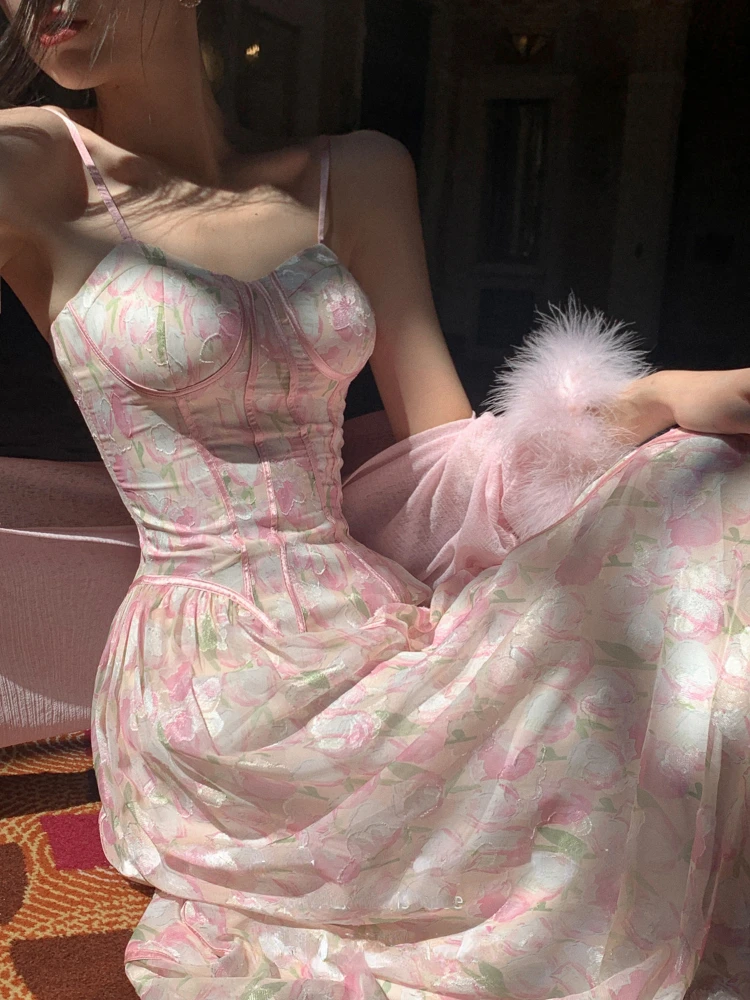 

Elegant Floral Spaghetti Strap Midi Dresses for Women 2023 Summer French Evening Party Sexy Slim Bodycon Vintage Female Clothing
