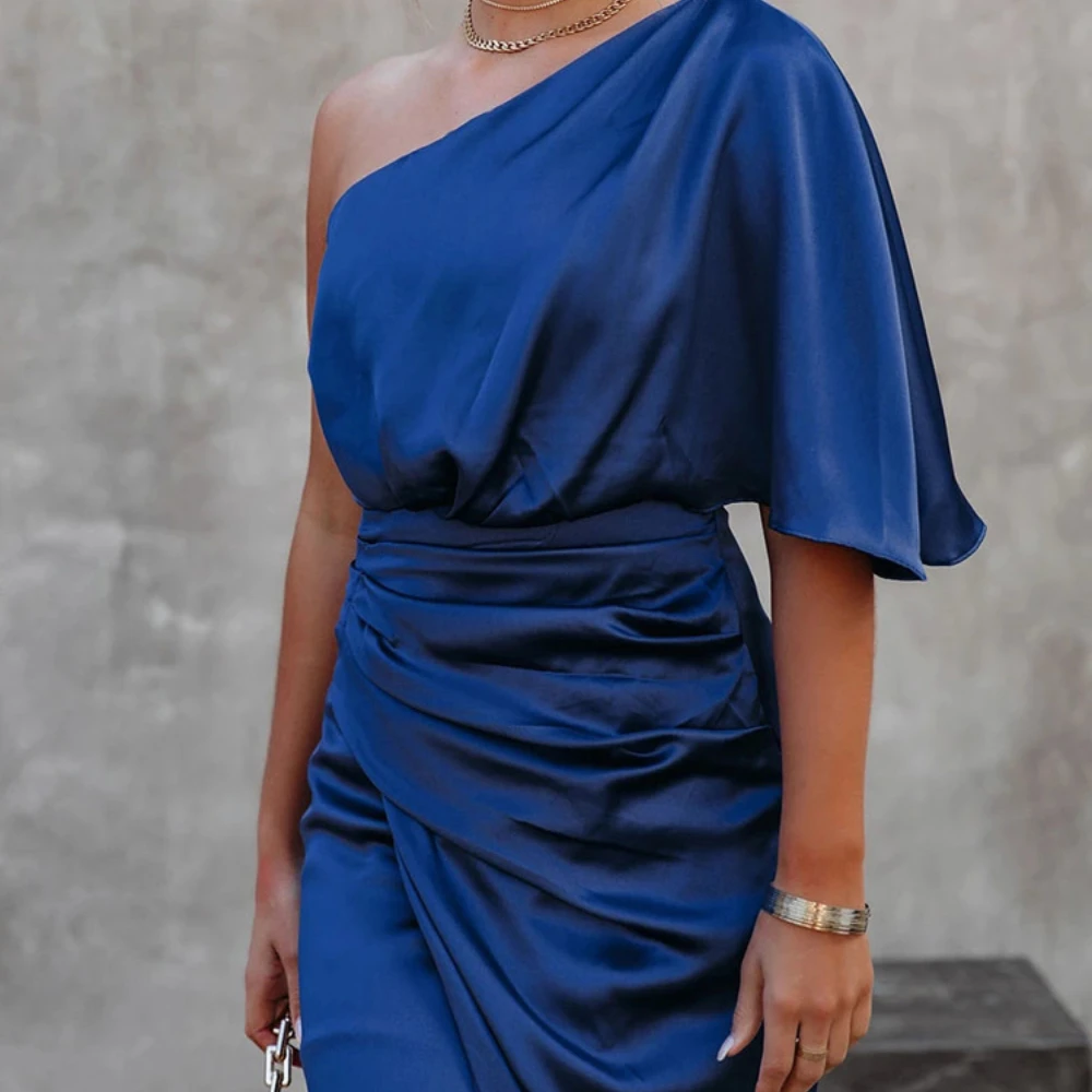 2022 Summer New Party Satin Silk Dress for Women Short Sleeve One Shoulder High Split Bandage Long Dresses