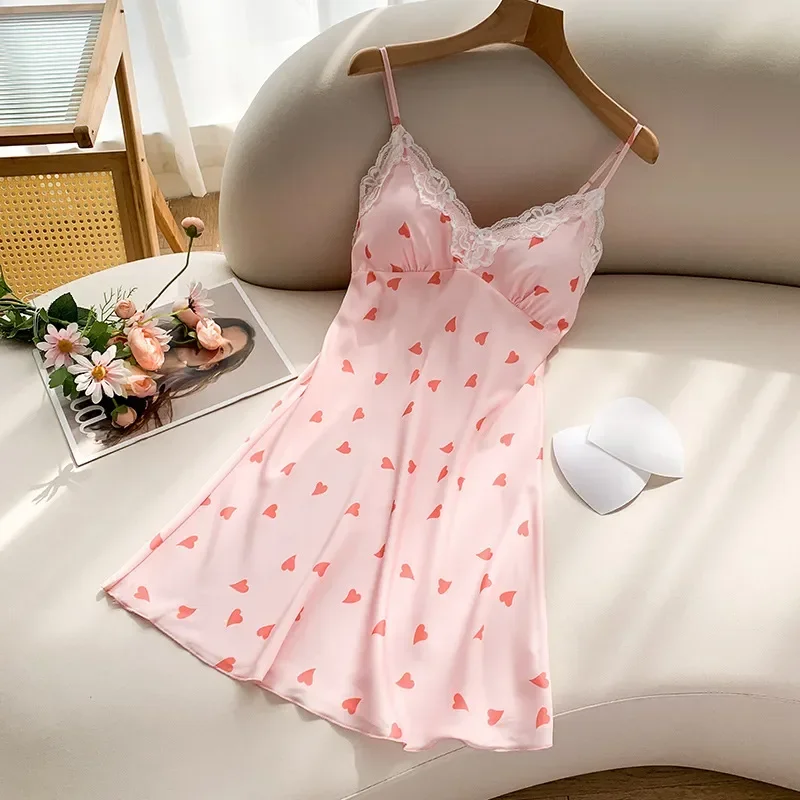 

Ночная рубашка один дизайн Шелковый принт для простоты Любовь Женская кружевная пикантная мягкая одежда для сна женская одежда пижамное платье