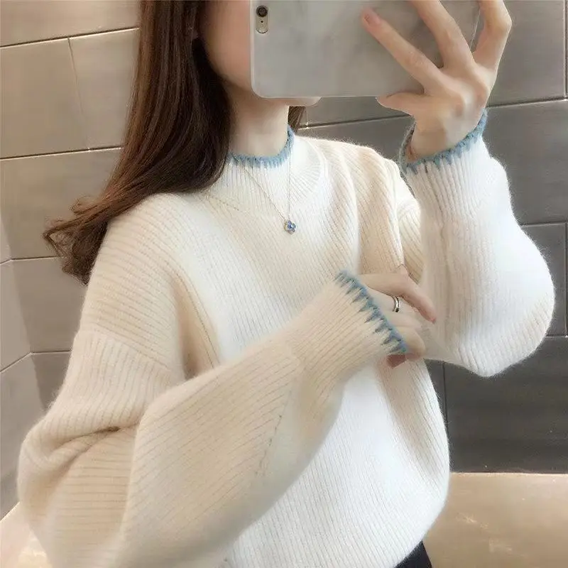 

Autumn and Winter Korean Edition Underlay Knitwear Long Sleeve Sweater Women Top Loose Pullover Half High Neck Sweater Female